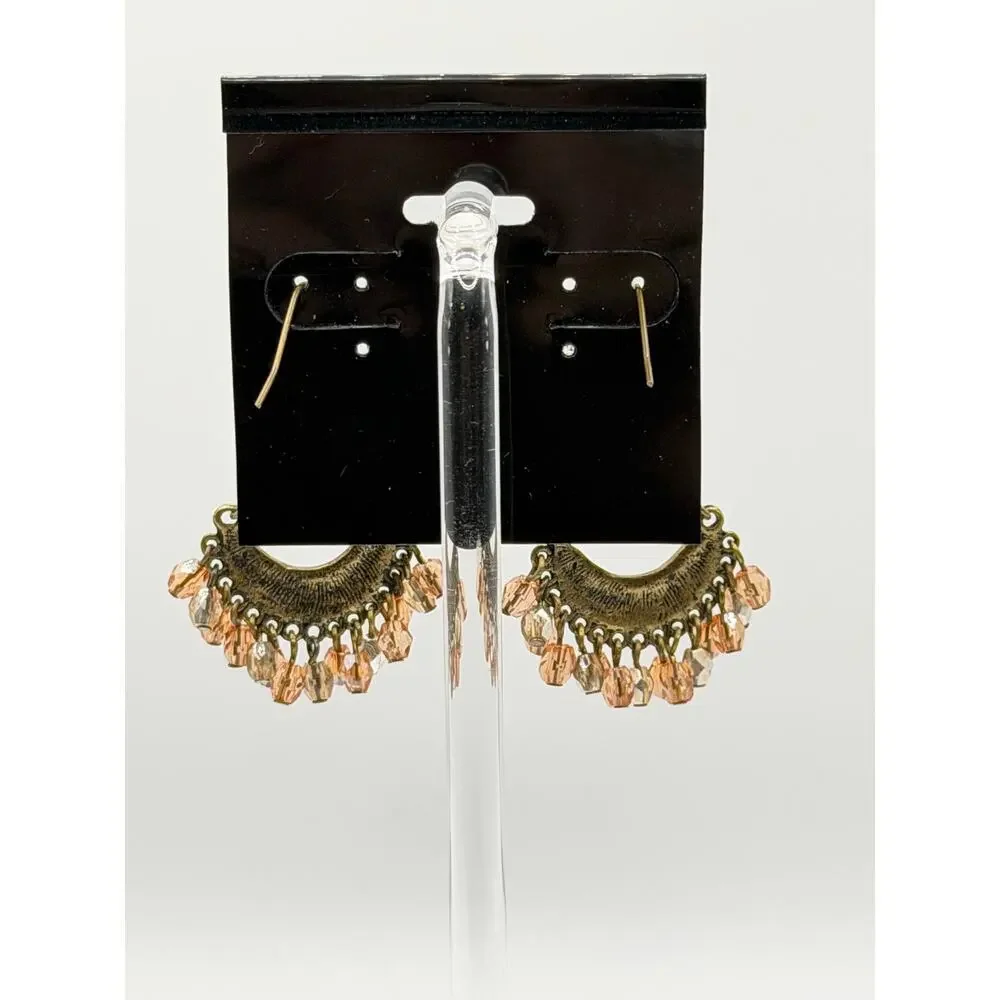 Antique Brass Beaded Boho Chandelier Earrings | Peach Crystal